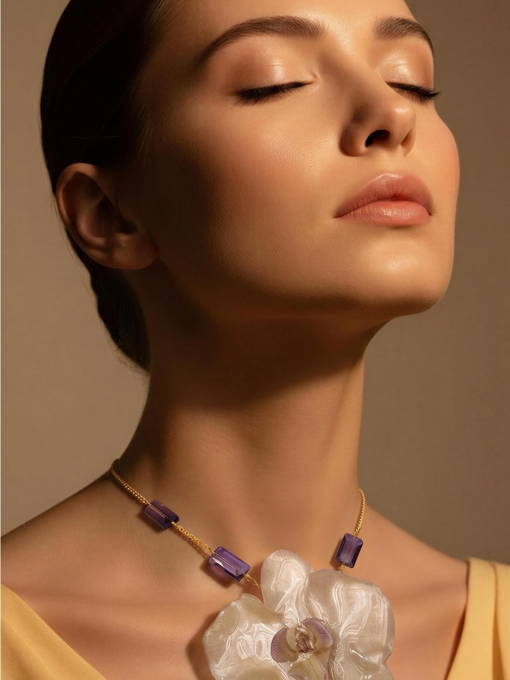 Gold Chain Necklace with Purple Beads and White Orchid Accent